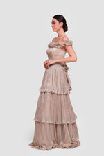 Load image into Gallery viewer, Amaan Gold Metallic Fabric Off-shoulder Corset Maxi Dress With Ruffles
