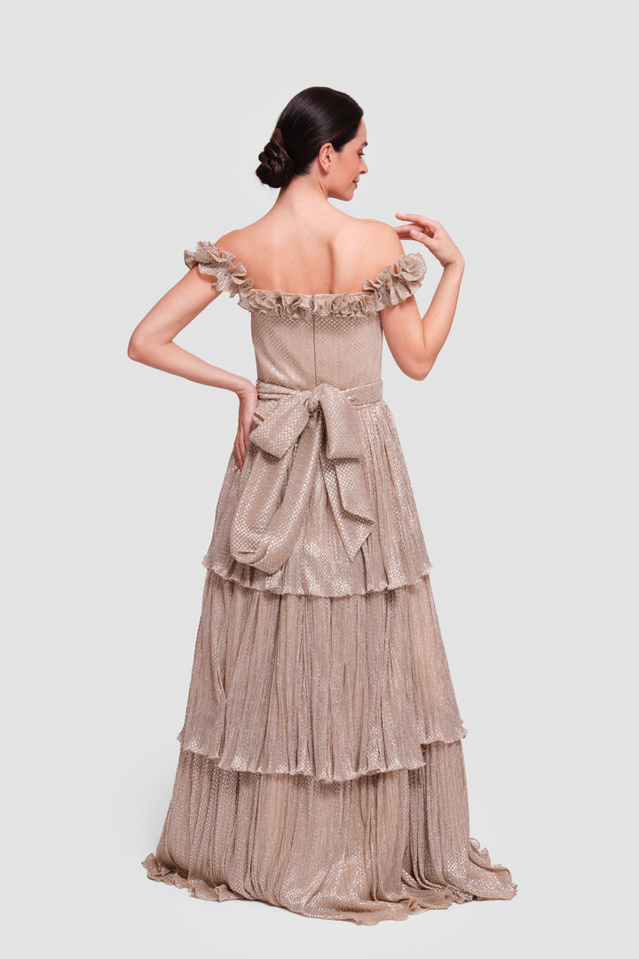 Amaan Gold Metallic Fabric Off-shoulder Corset Maxi Dress With Ruffles