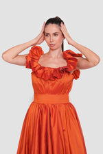 Load image into Gallery viewer, Alicia Amber Amber Orange Taffeta Off-shoulder Maxi Dress With Pleats
