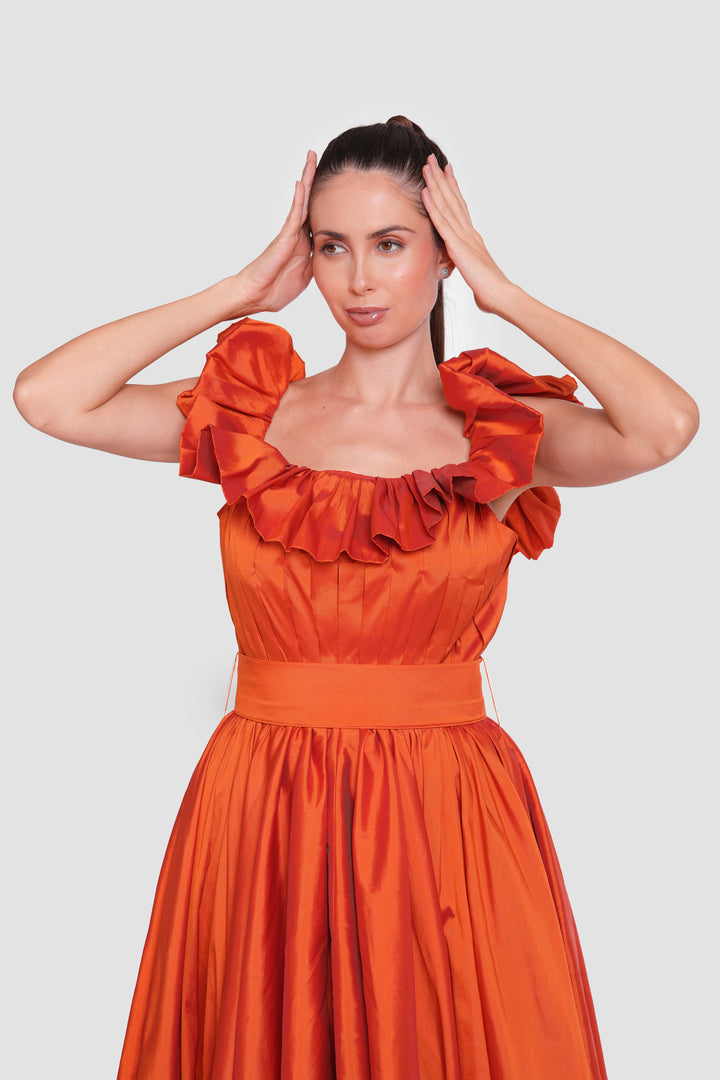Alicia Amber Amber Orange Taffeta Off-shoulder Maxi Dress With Pleats