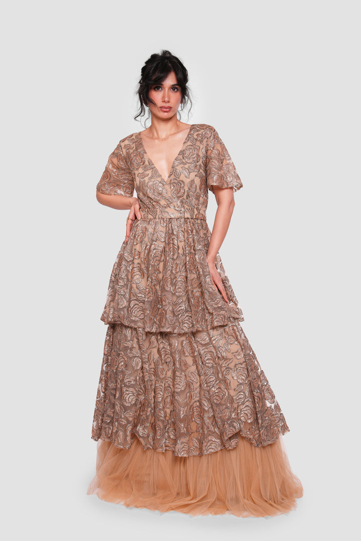 Azure Bronze And Gold Tulle With Short Flared Sleeves Maxi Dress