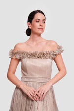 Load image into Gallery viewer, Amaan Gold Metallic Fabric Off-shoulder Corset Maxi Dress With Ruffles
