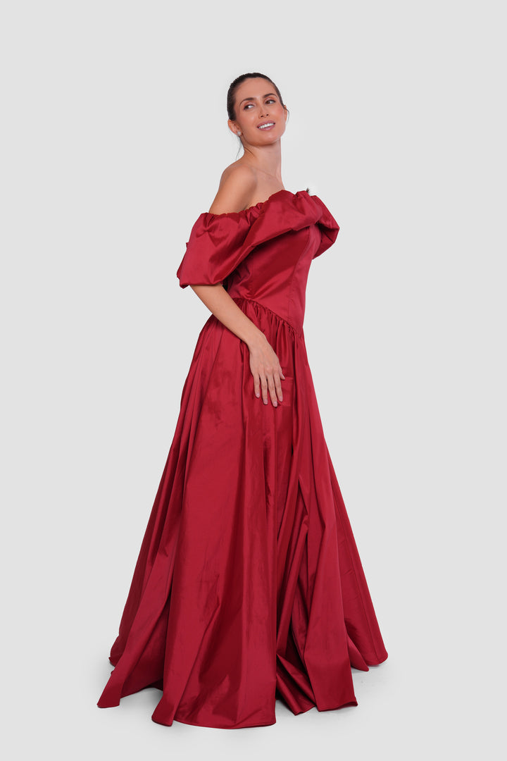 Asma Red Taffeta Strapless Corset Maxi Dress