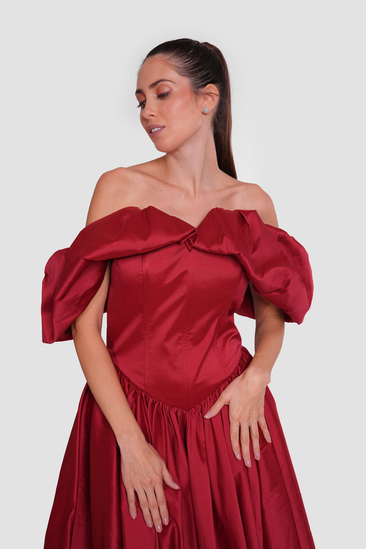Asma Red Taffeta Strapless Corset Maxi Dress