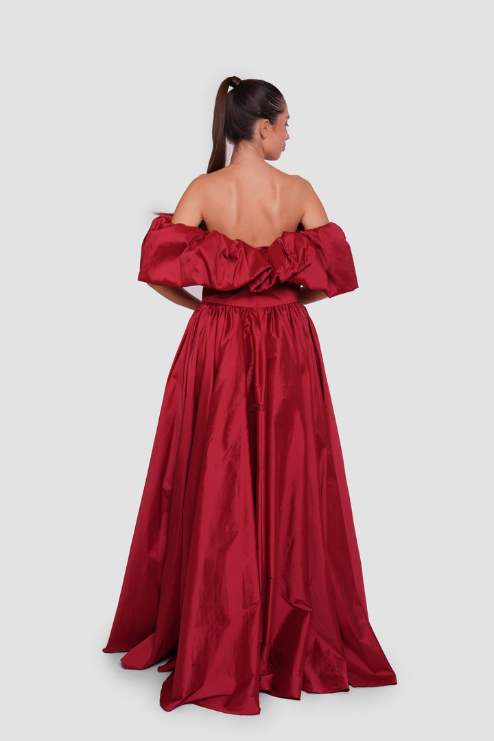 Asma Red Taffeta Strapless Corset Maxi Dress