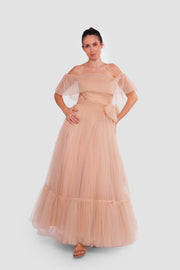 Amber Haze Golden Beige Tulle Corset Maxi Dress
