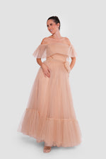 Load image into Gallery viewer, Amber Haze Golden Beige Tulle Corset Maxi Dress
