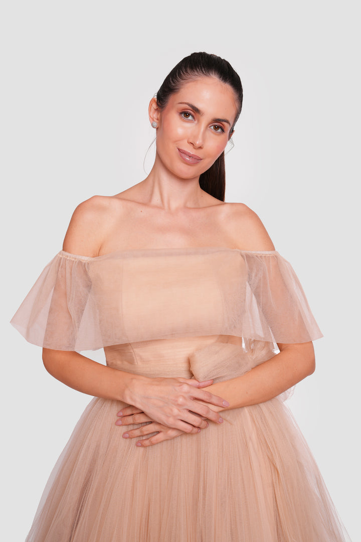 Amber Haze Golden Beige Tulle Corset Maxi Dress
