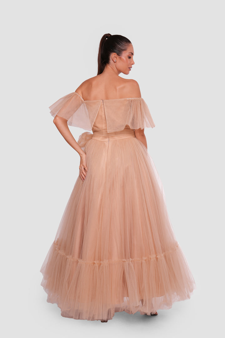 Amber Haze Golden Beige Tulle Corset Maxi Dress