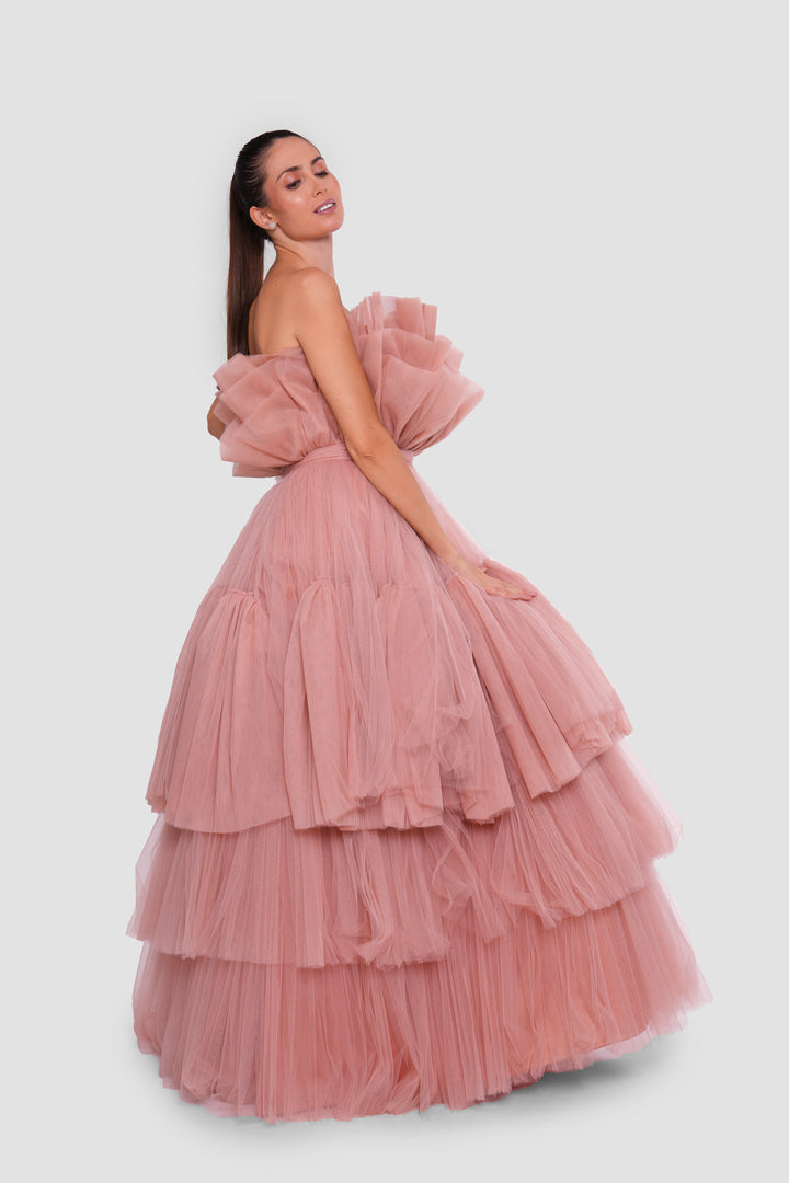 Anaya Peachy Nude Strapless Tulle Corset Maxi Dress