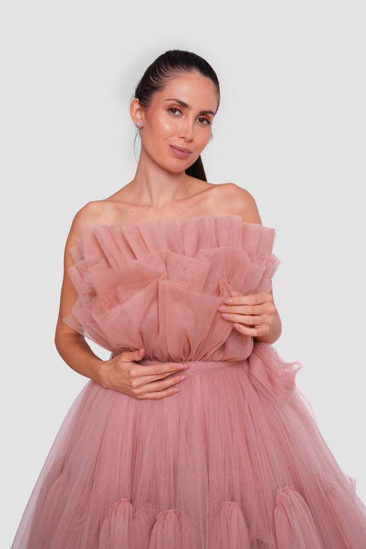 Anaya Peachy Nude Strapless Tulle Corset Maxi Dress