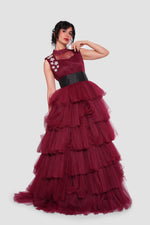 Load image into Gallery viewer, Amara Deep Wine Red Layered Tulle Sleeveless Maxi Dress
