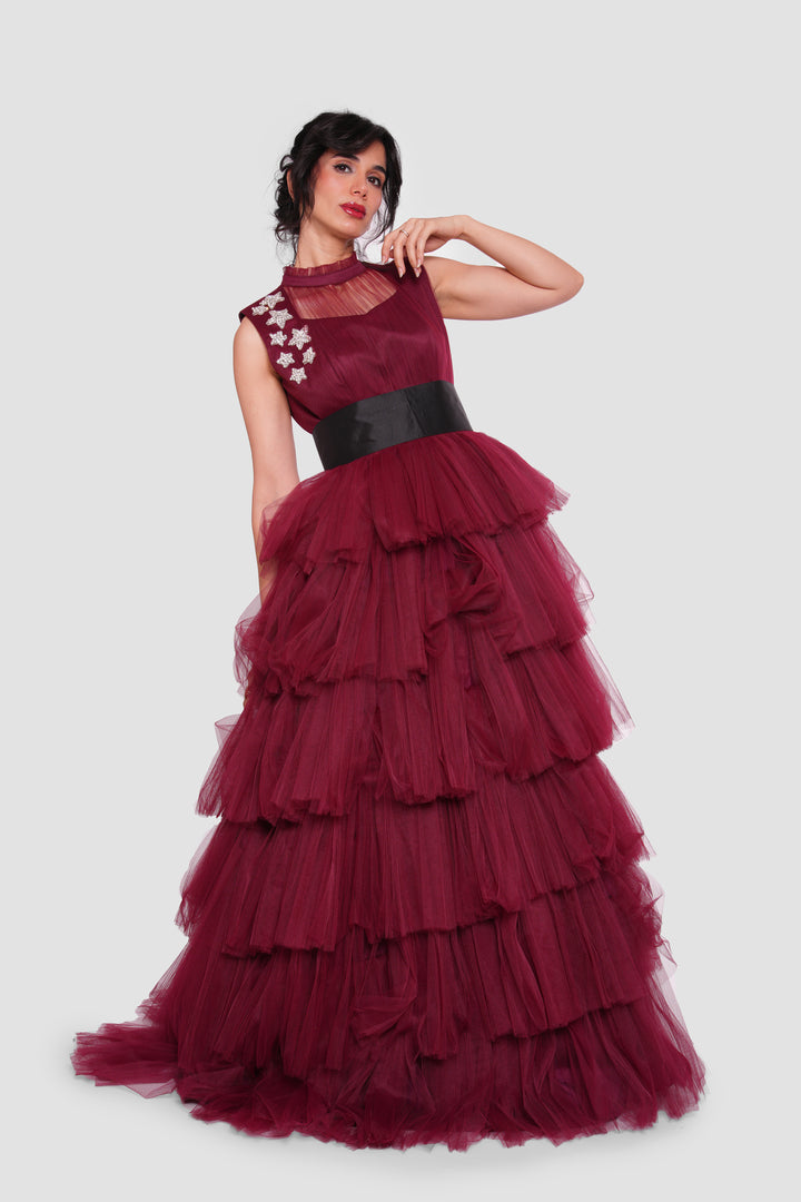 Amara Deep Wine Red Layered Tulle Sleeveless Maxi Dress