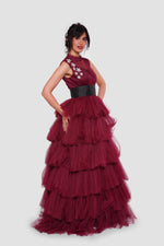 Load image into Gallery viewer, Amara Deep Wine Red Layered Tulle Sleeveless Maxi Dress
