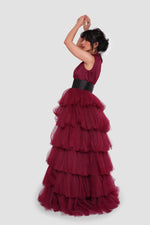 Load image into Gallery viewer, Amara Deep Wine Red Layered Tulle Sleeveless Maxi Dress
