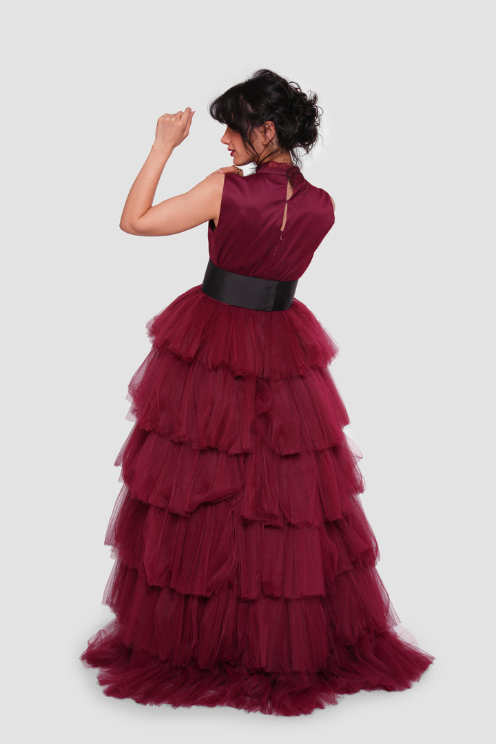 Amara Deep Wine Red Layered Tulle Sleeveless Maxi Dress