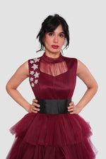 Load image into Gallery viewer, Amara Deep Wine Red Layered Tulle Sleeveless Maxi Dress
