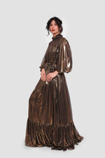 Load image into Gallery viewer, Selene Antique Gold Georgette Metallic Maxi Dress
