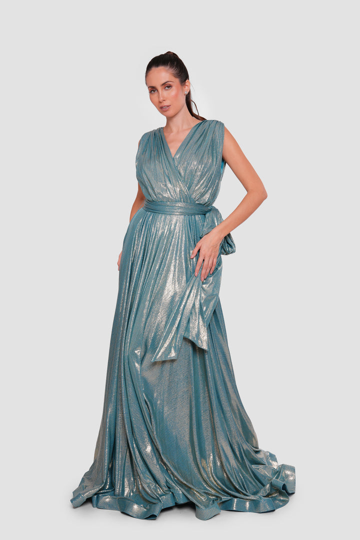 Aquamarine Elegance Shimmering Aquamarine Metallic Sleeveless Gown | SARAH M Sarah M Aquamarine Elegance Shimmering Aquamarine Metallic Sleeveless Gown | SARAH M Sarah M