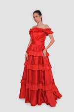 Load image into Gallery viewer, Carla Crimson Red Off-shoulder Taffeta Corset Maxi Dress

