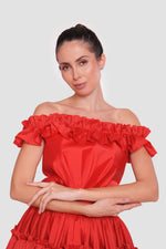 Load image into Gallery viewer, Carla Crimson Red Off-shoulder Taffeta Corset Maxi Dress
