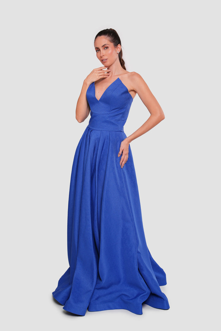 Azura Rich Azure Blue Jacquard Strapless Corset Maxi Dress