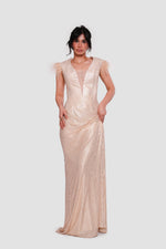 Load image into Gallery viewer, Aurelia Gold Deep V-neckline With Feather Trim Cape Sleeves Maxi Dress
