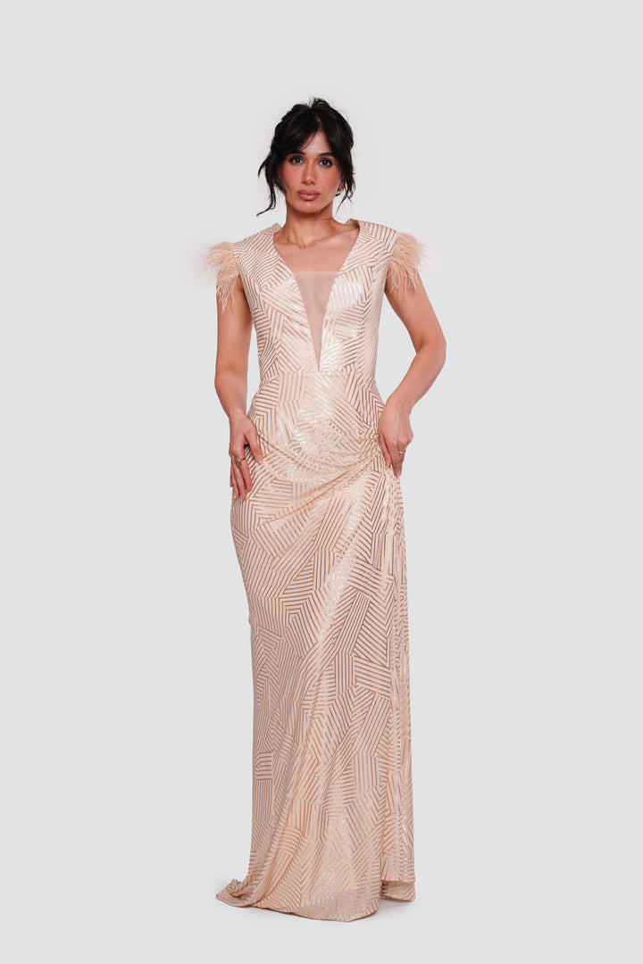 Aurelia Gold Deep V-neckline With Feather Trim Cape Sleeves Maxi Dress