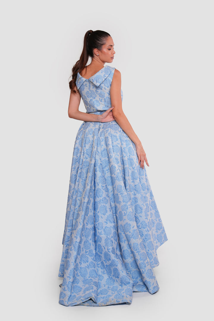 Blossom Sky Blue Floral Jacquard Boat Neck Sleeveless Maxi Dress