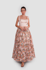 Load image into Gallery viewer, Felicity Serenade Nude With Multicolored Floral Patterns Silk Organza Maxi Dress
