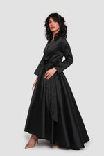 Load image into Gallery viewer, Noor Élan Black Taffeta Wrap-style Collared Maxi Dress

