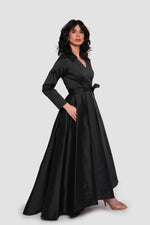 Load image into Gallery viewer, Noor Élan Black Taffeta Wrap-style Collared Maxi Dress
