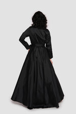 Load image into Gallery viewer, Noor Élan Black Taffeta Wrap-style Collared Maxi Dress
