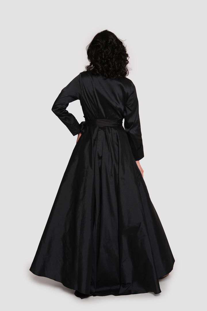 Noor Élan Black Taffeta Wrap-style Collared Maxi Dress