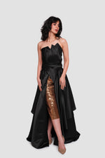 Load image into Gallery viewer, Cameron Black Strapless Satin Layered Corset Maxi Dress With Midi Sequined Gold Dress Inside
