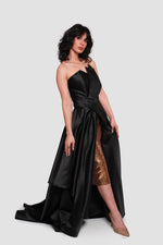 Load image into Gallery viewer, Cameron Black Strapless Satin Layered Corset Maxi Dress With Midi Sequined Gold Dress Inside
