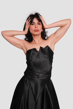 Load image into Gallery viewer, Cameron Black Strapless Satin Layered Corset Maxi Dress With Midi Sequined Gold Dress Inside
