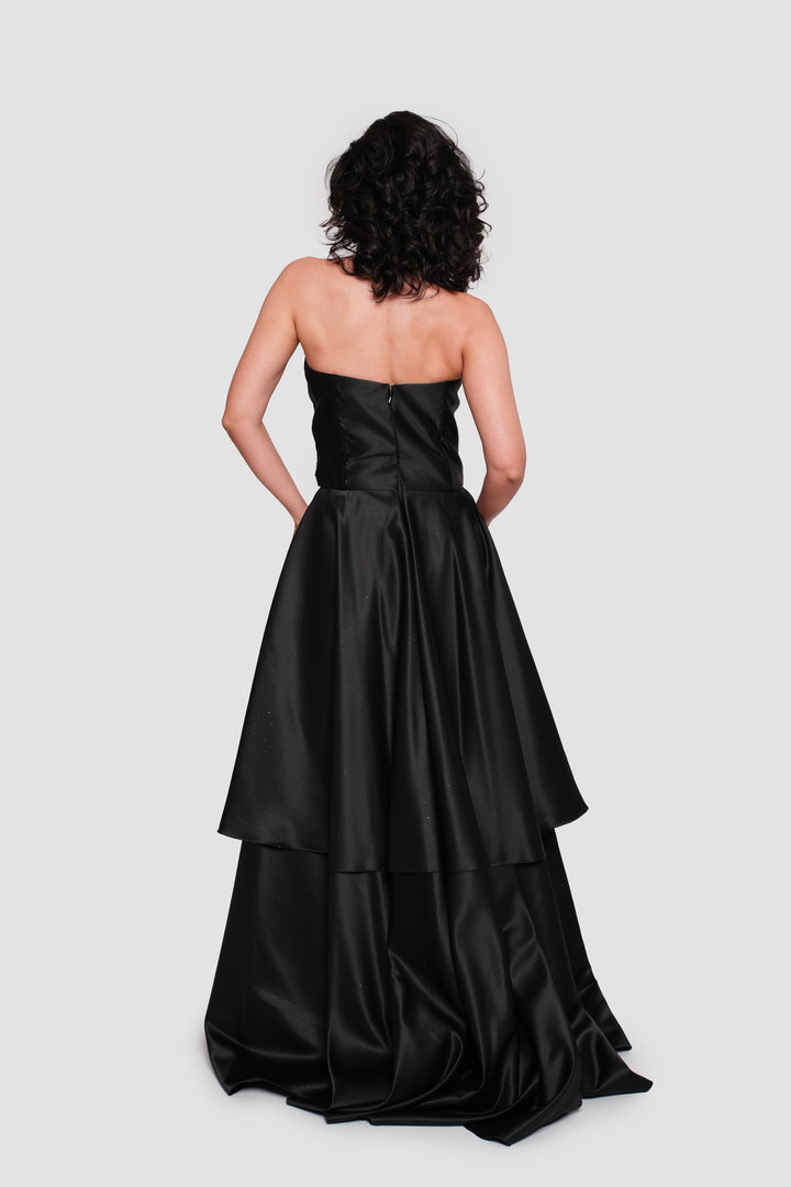 Cameron Black Strapless Satin Layered Corset Maxi Dress With Midi Sequined Gold Dress Inside