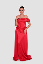 Load image into Gallery viewer, Suzanna  Red Satin Corset Gown With Draped Detailing
