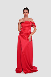 Suzanna  Red Satin Corset Gown With Draped Detailing