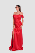 Load image into Gallery viewer, Suzanna  Red Satin Corset Gown With Draped Detailing
