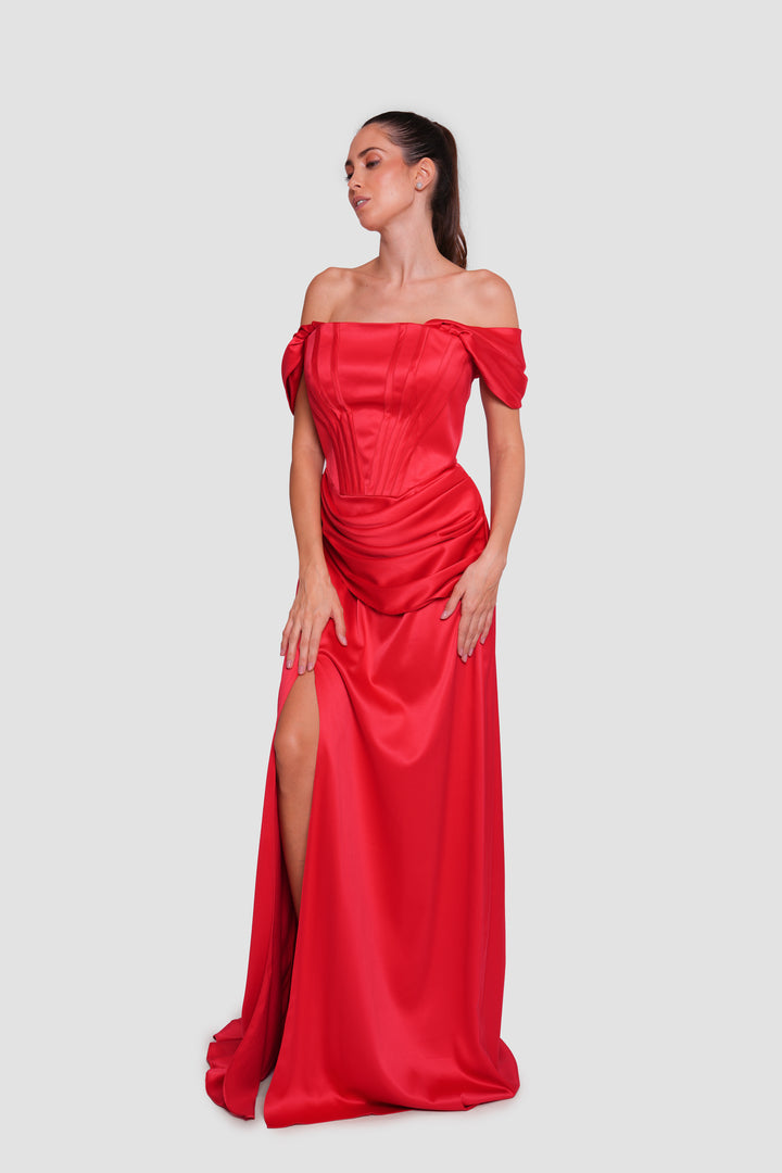 Suzanna  Red Satin Corset Gown With Draped Detailing