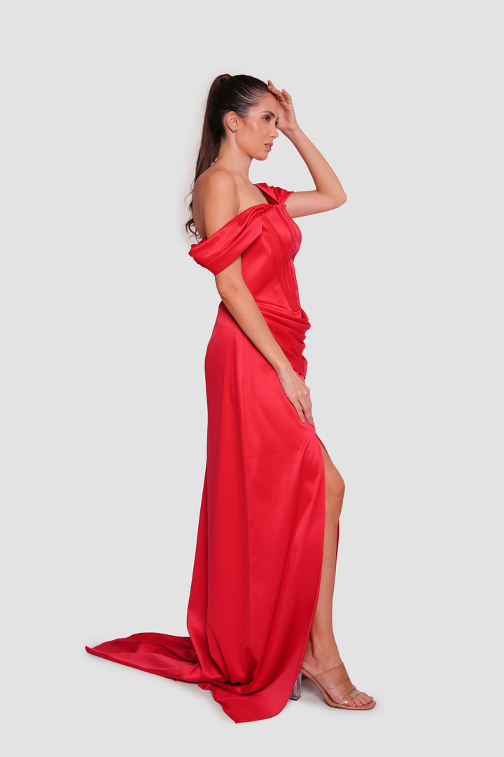 Suzanna  Red Satin Corset Gown With Draped Detailing