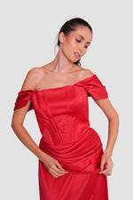 Load image into Gallery viewer, Suzanna  Red Satin Corset Gown With Draped Detailing
