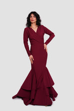 Load image into Gallery viewer, Estelle Burgundy Crepe Jersey Deep V-neckline Maxi Dress
