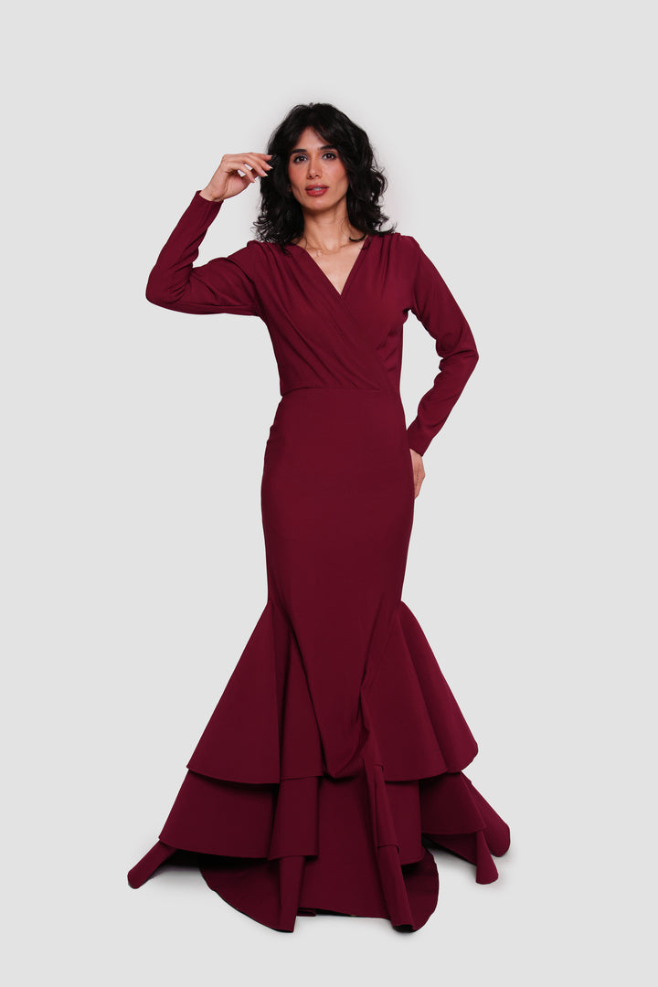 Estelle Burgundy Crepe Jersey Deep V-neckline Maxi Dress