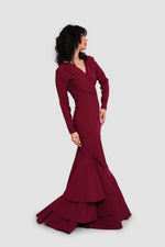 Load image into Gallery viewer, Estelle Burgundy Crepe Jersey Deep V-neckline Maxi Dress
