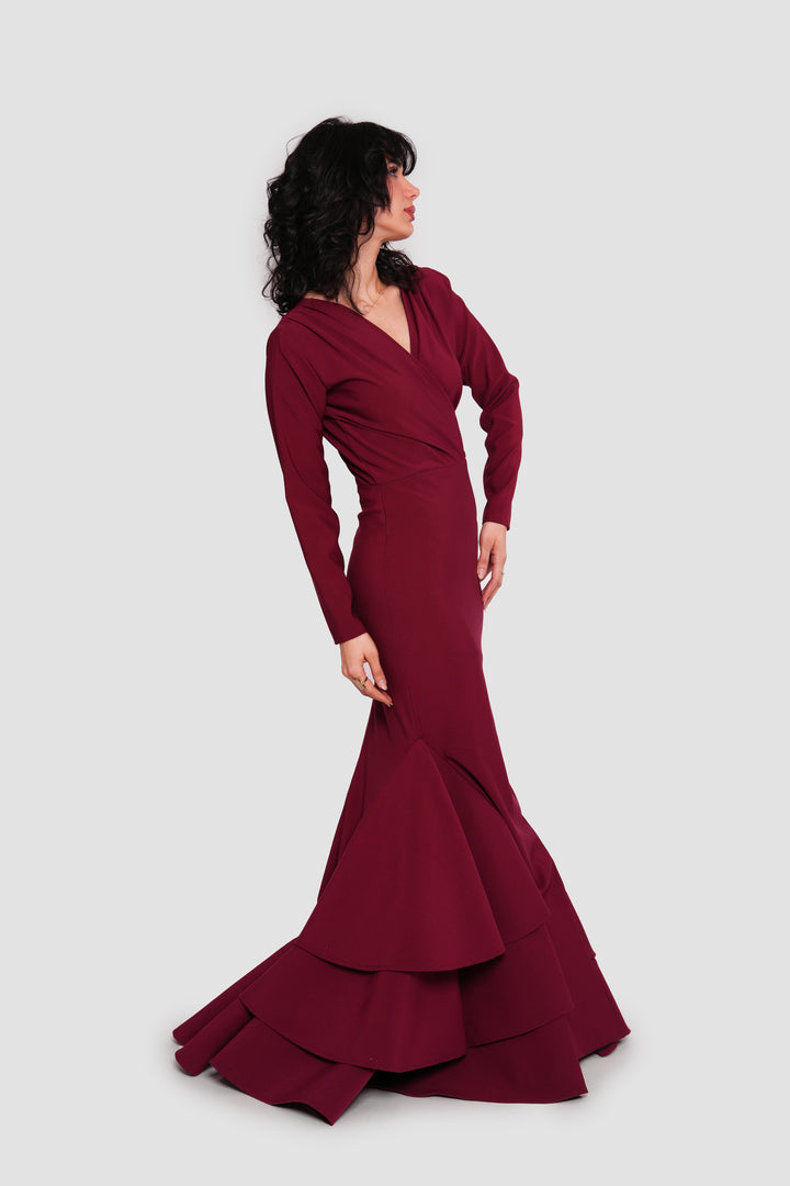 Estelle Burgundy Crepe Jersey Deep V-neckline Maxi Dress