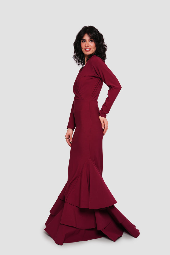 Estelle Burgundy Crepe Jersey Deep V-neckline Maxi Dress