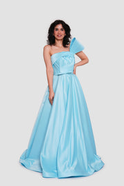 Araya Aqua Blue Silk Satin Strapless Corset Maxi Dress